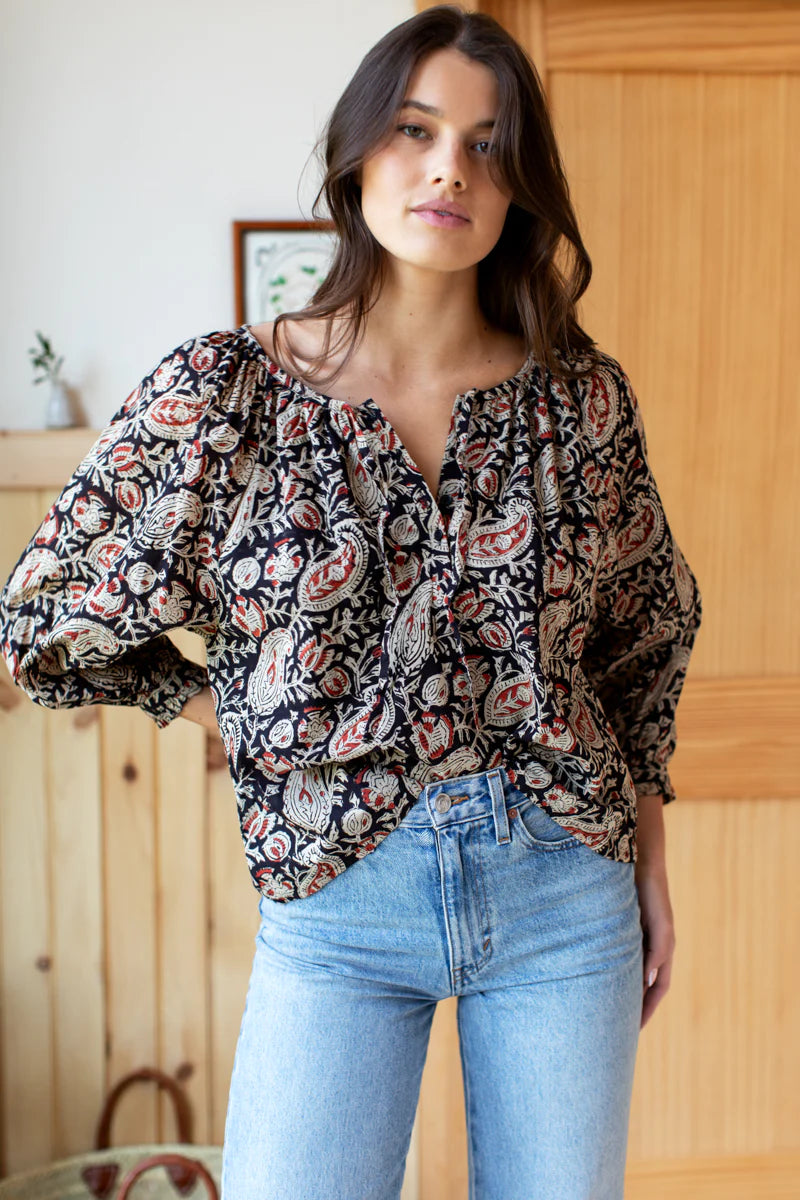 Lucy 2 Blouse | Paisley Black + Clay Satin