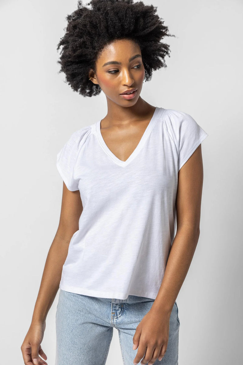 Shirred Shoulder V-Neck | White