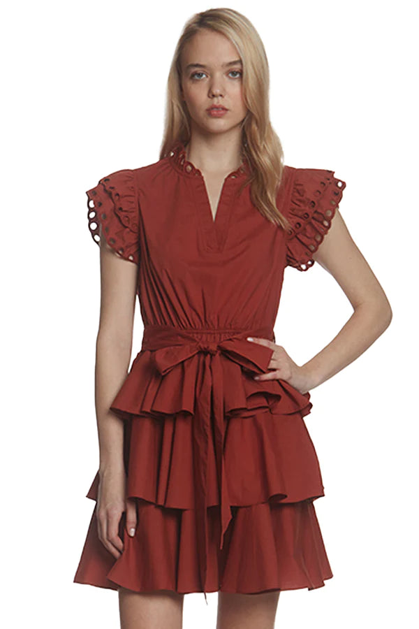 Eyelet Ruffle Trim Belted Mini Dress