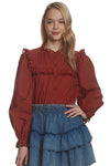 Eyelet Ruffle Trim LS Button Down Shirt