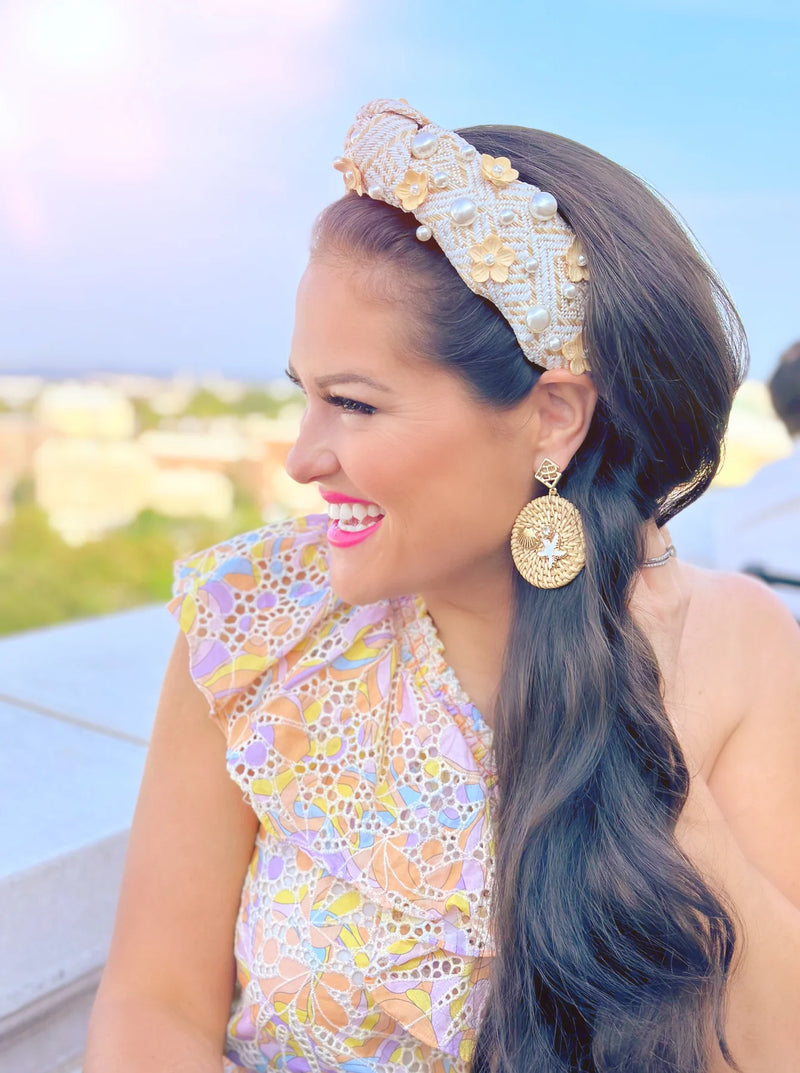 White + Tan Raffia Flower Headband with Pearls