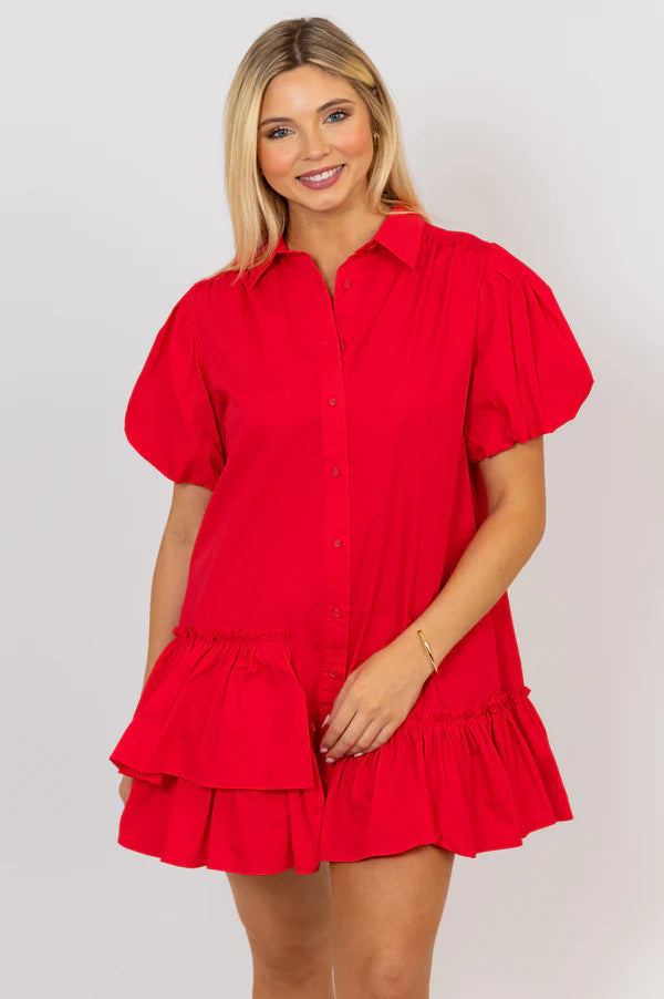 Poplin Ruffle Bottom Dress | Red