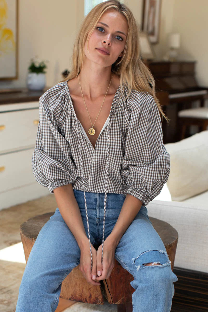 Rakel Keyhole Blouse | Gingham Coffee